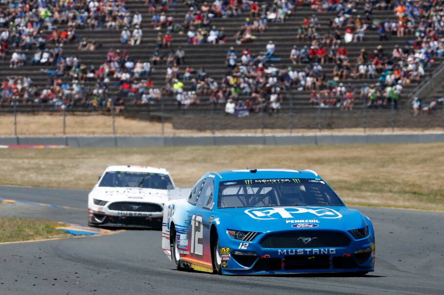 Team Penske's Ryan Blaney led four Ford Mustangs in the top 10 in NASCAR Cup action. Team Penske's Ryan Blaney led four Ford Mustangs in the top 10 in NASCAR Cup action.